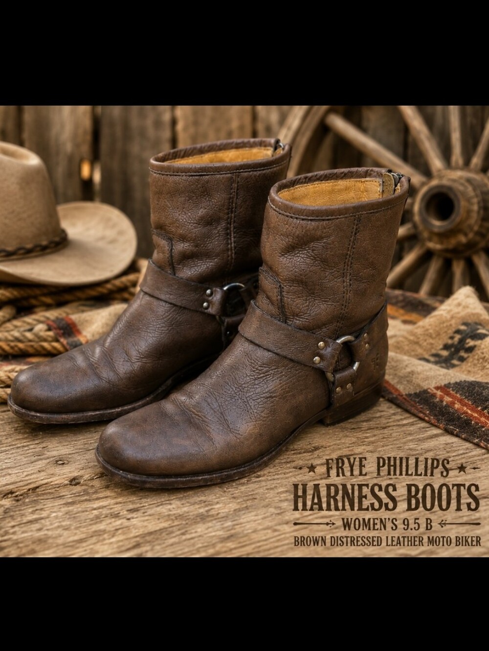 Frye Harness Short Boots Women's 9.5 Brown Distressed Leather Moto Biker Western